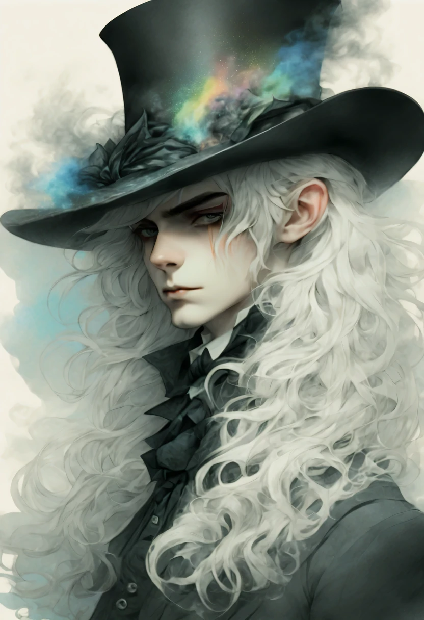 softly colored profile, nihilism, dandyism, hard-boiled, hard-boiled mystery, white long messy hair with below, sharp triangular face, cold long eyes, cool side glance, gothic dressed and hat, fantasy smoke mist, rainbow, outer space, color pencil draw that exudes warm atmosphere, marble colors smoke drifts around, highly quality, intricate cute details, showcases brushwork pays meticulous attention to capturing warm atmosphere, final touch added with pop of fantasy glitter, unique and diverse rendering,