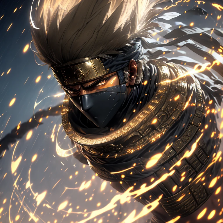 Masterpiece, mythological figure, solo, Kakashi as Egyptian God, gold armor, intricately designed headdress with solar disc and serpent, white plumage feathers, orange and yellow tanned skin, shining, sweat-beaded, intense gaze, piercing blue eyes, defined jawline, muscular build, dynamic light and shadow, high resolution, crystal-clear details, realistic texture and shading, grandeur and majesty, ancient Egyptian temple setting, palm trees and desert landscape in the background, sun setting behind, powerful aura.