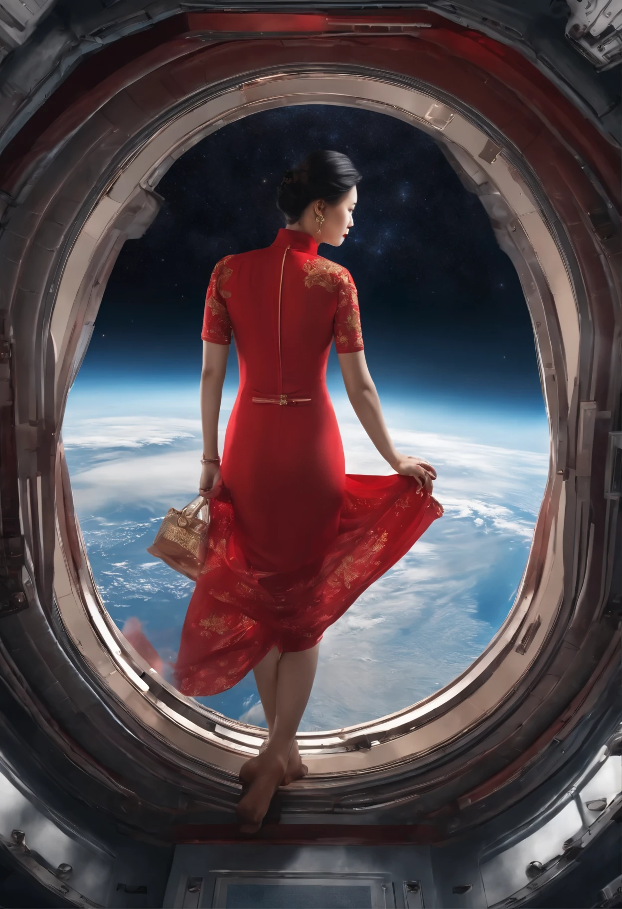 An awe-inspiring digital rendering capturing the sheer beauty of an Asian lady donned in a red cheongsam, suspended motionlessly inside the International Space Station amidst a dreamlike zero-gravity setting, showcasing Earth's majesty seen from space, accompanied by dazzling stars in the background.