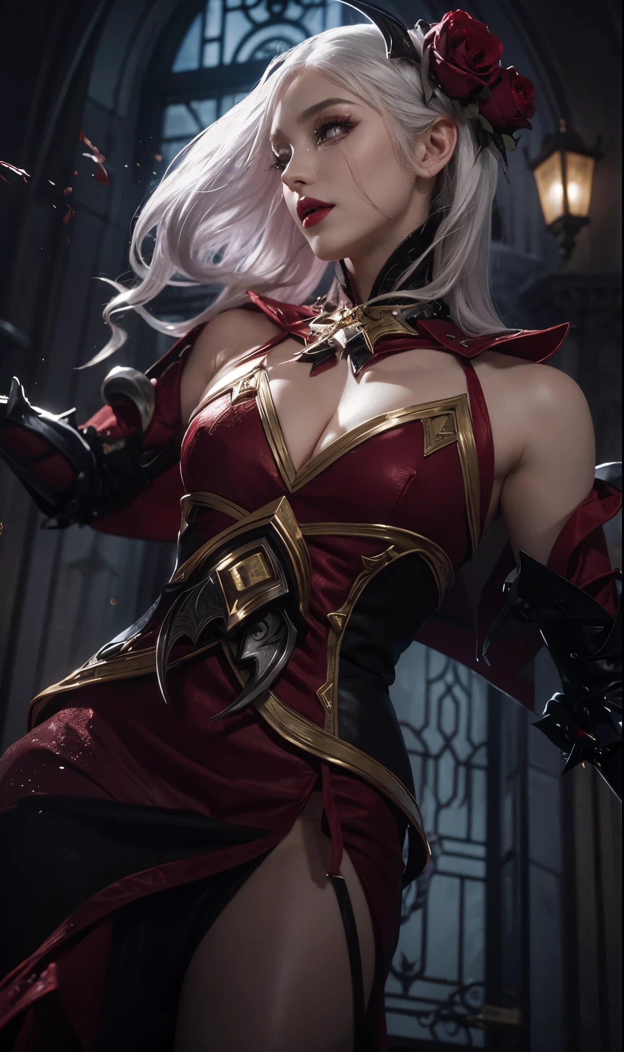 Woman using Vampire maroon dress, woman with white hair, woman with beautiful face, woman with black lipstick, woman with thic tight, woman with beautiful round eyes, woman with gold Accessories, woman with Pale skin, beautiful woman using maroon vampire dress in castle at night, woman with red rose flower on her white hair l, woman with tears on her faces, woman with beautiful pupil eyes