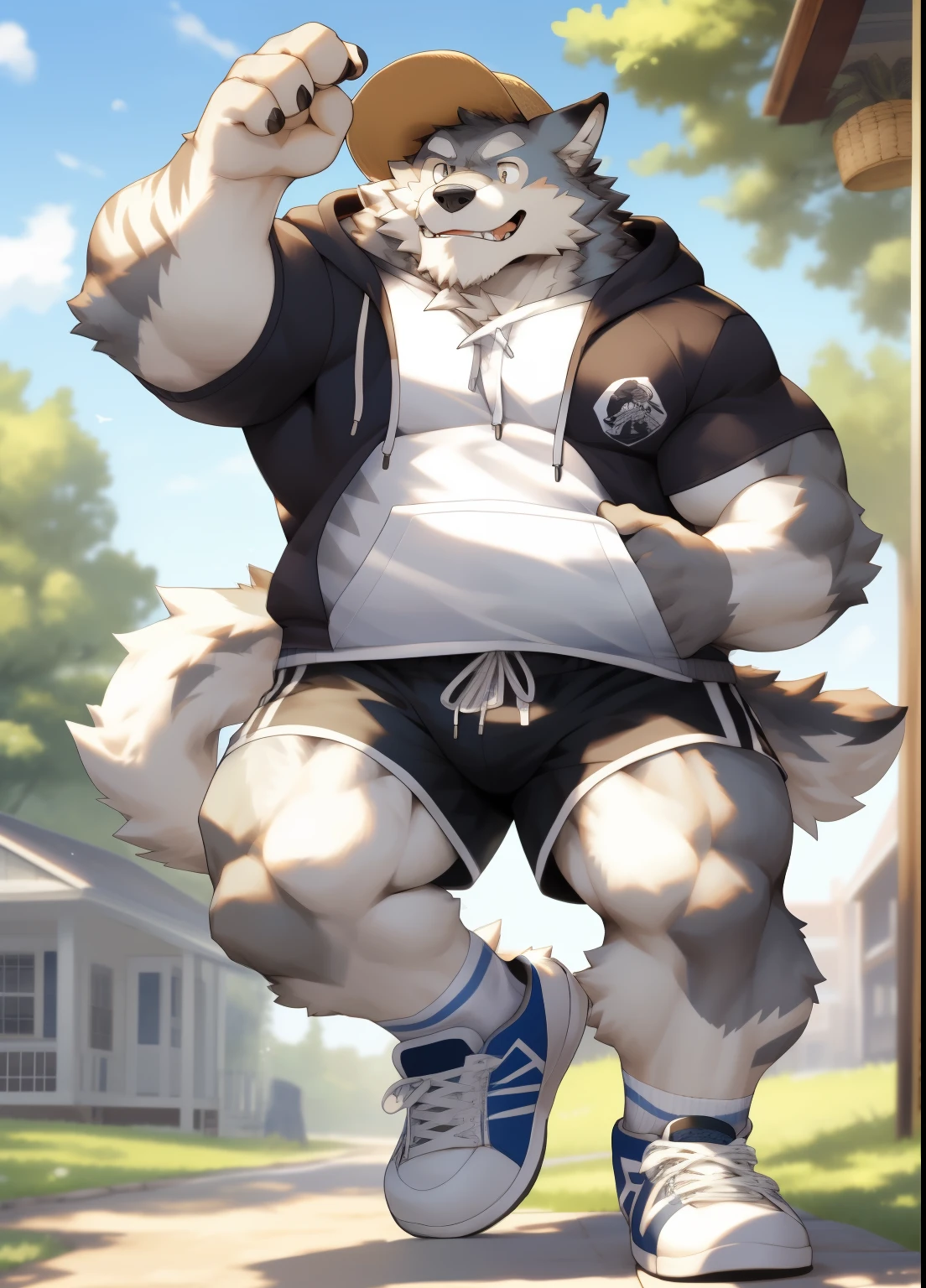hairy，（（Wolf，hoodie，shorts，Board shoes，white socks）），white fur，male，Common，full body picture（（极其lifelike阴影，masterpiece，Very detailed，lifelike））， （（Cat）），dynamic poses，Tanonaka，wearing a straw hat，穿着white socks，Smile（（极其lifelike背景，masterpiece，Very detailed，lifelike））detailed background

