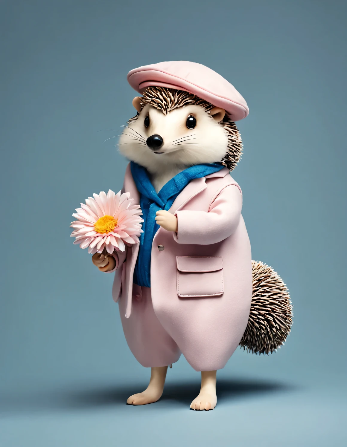 3D style doll design, (a very fat, fashionable, and cute little hedgehog),
Wearing a pink turtleneck sweater and a blue coat, winter scarf, jeans, gloves, bow tie, small round hat (decorated with flowers or feathers), (female) handbag, cotton, linen, wool
Cleverly blending retro and modern elements to showcase an elegant academic style. The camel colored coat paired with a blue checkered shirt and beret presents a classic and fashionable European style,
Excited and happy smile, wearing a sun hat, bouncing and dancing, smiling, shining with white fluffiness, bright big eyes, fluffy tail, exquisite and delicate, fairy tale, super details, Pixar style, bright colors, natural light, solid color simple background, 5 and ctane rendering, gorgeous, ultra wide angle, 8k, high-definition and realistic,