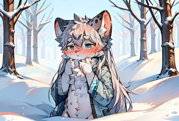 furry,fur,body fur,alone,shy,blush,snow leopard,No clothes UHD, textured skin, high details, best quality, 1080P