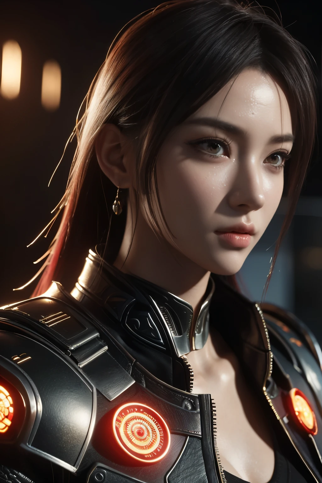 Game art，The best picture quality，Highest resolution，8K，((A bust photograph))，((Portrait))，((Head close-up))，(Rule of thirds)，Unreal Engine 5 rendering works， (The Girl of the Future)，(Female Warrior)， 22岁少女，(Female hackers)，(Rainbow hair，Ancient Oriental hairstyle)，((The pupils of the red eyes:1.3))，(A beautiful eye full of detail)，(Big breasts)，(Eye shadow)，优雅迷人，冷漠，((Anger))，(Cyberpunk jacket full of futuristic look，Joint Armor，There are exquisite Chinese patterns on the clothes，A flash of jewellery)，赛博朋克人物，未来风格， 拍照姿势，城市背景，Movie lights，Ray tracing，Game CG，((3D Unreal Engine))，oc渲染反射纹