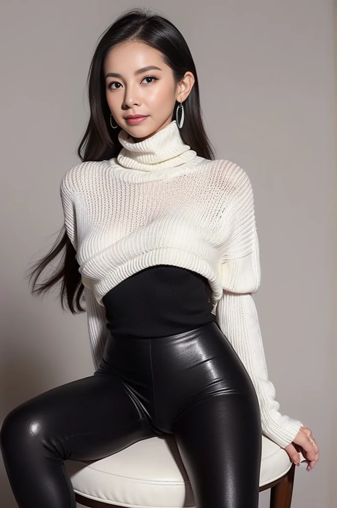(masterpiece, highest quality), japanese mature, (alone), 60 years old, (wrinkles around the eyes:1.45), big breasts, mature woman, Glamour, Sexy, pure white skin, looking at the viewer、super big breasts、(long hair)、small diamond necklace、earrings、(((Detailed red knit turtleneck sweater, Black leggings)))、high heels、smile、Public place、cross your legs、sit on a chair、full body photo、