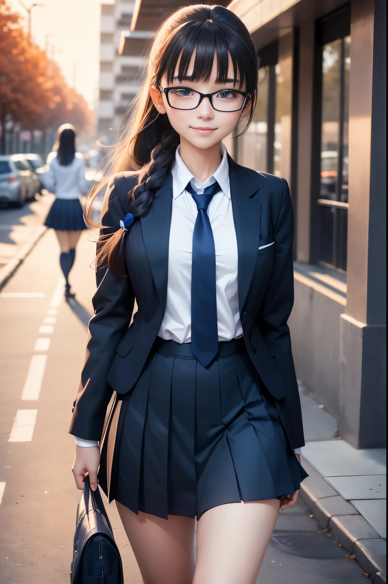 1 beautiful girl, walk to school, dawn, long hair in a ponytail,, bangs, Wear glasses, Naughty smile, Wear a high school uniform. (Long-sleeved white shirt, navy blue tie, navy three-pleated skirt), anime, ultra highres