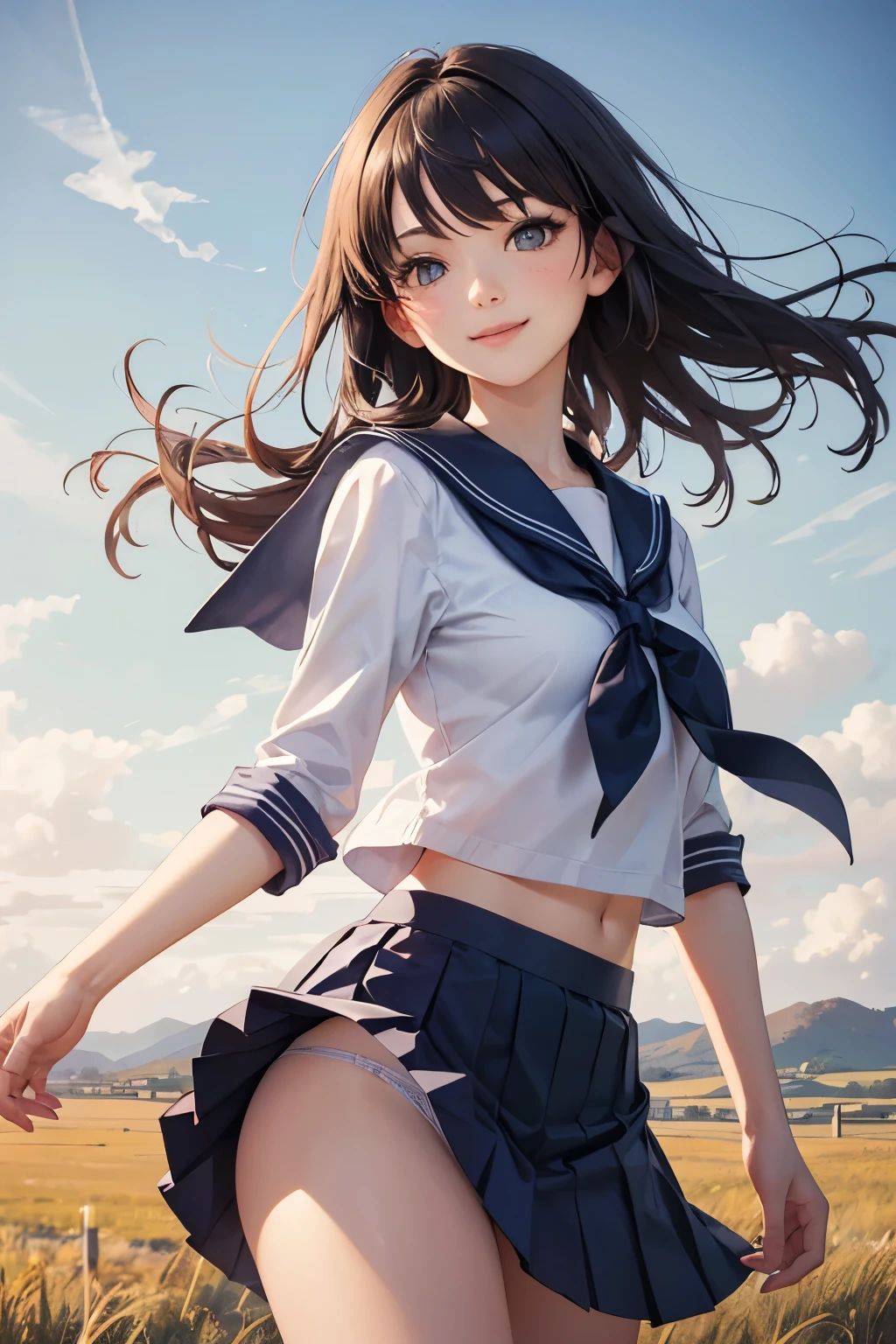 very cute and beautiful girl,(highly detailed beautiful face and eyes:1.2),sailor school uniform,(navy blue pleated mini skirt),
(skirt lift,white panties),dynamic angle,(smile),blush,looking at viewer,black hair,
countryside,wooden fence,hilltop,grassland,detailed landscape,
(best quality,masterpiece:1.2),intricate details,extremely detailed,8k resolution,solo,natural lighting,
hair fluttering in the wind,beautiful detailed sky,(realistic),