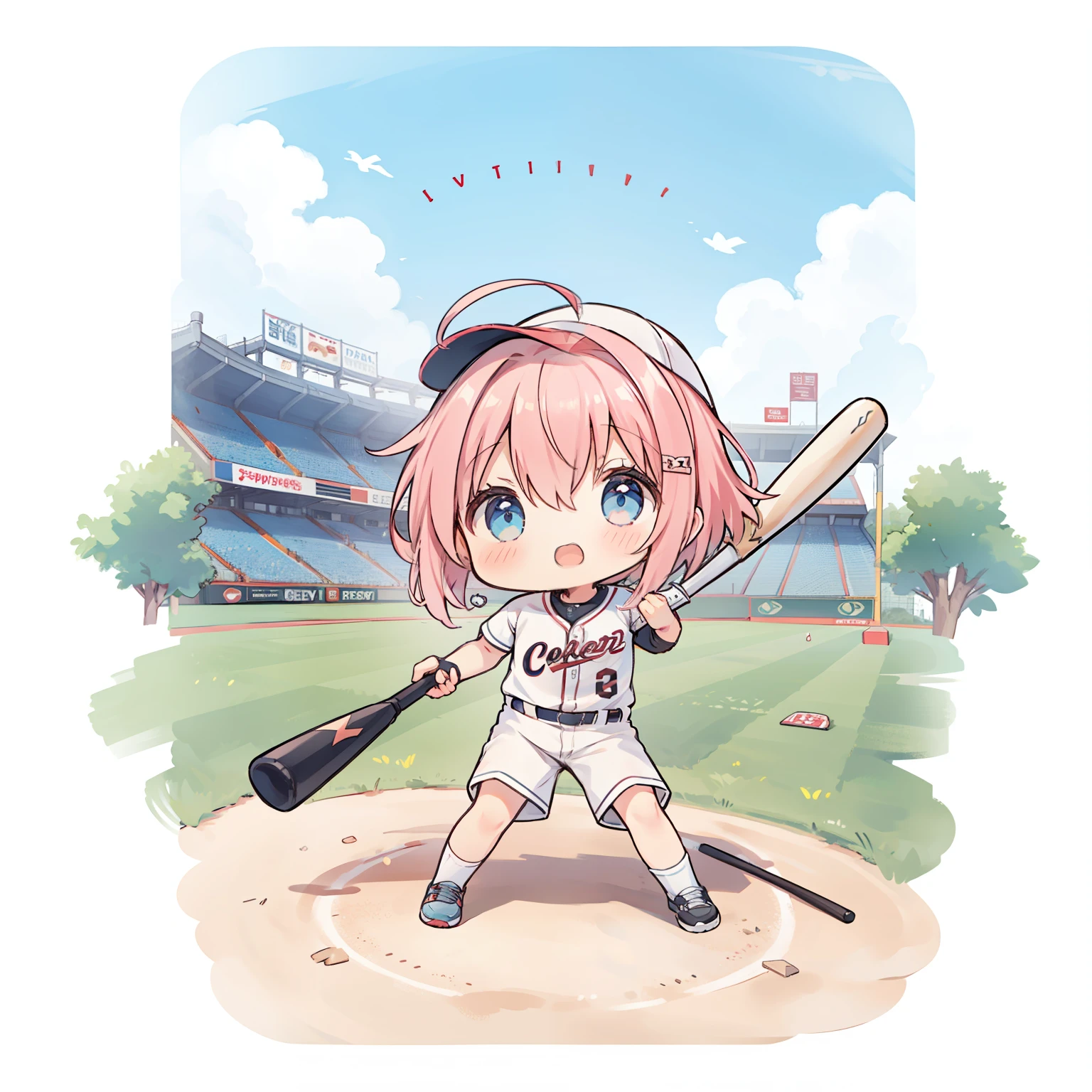 ((chibi:1.5)), (masterpiece), (best quality), high resolution, ultra detail, photorealistic, 8K
BREAK
1girl, cute girl, shiny body, shiny skin, pink hair, short bob hair, blue eyes, baseball uniform, baseball cap
BREAK
female baseball player, holdinig baseball bat, batting, hitting, hit a home run, serious, baseball Ground