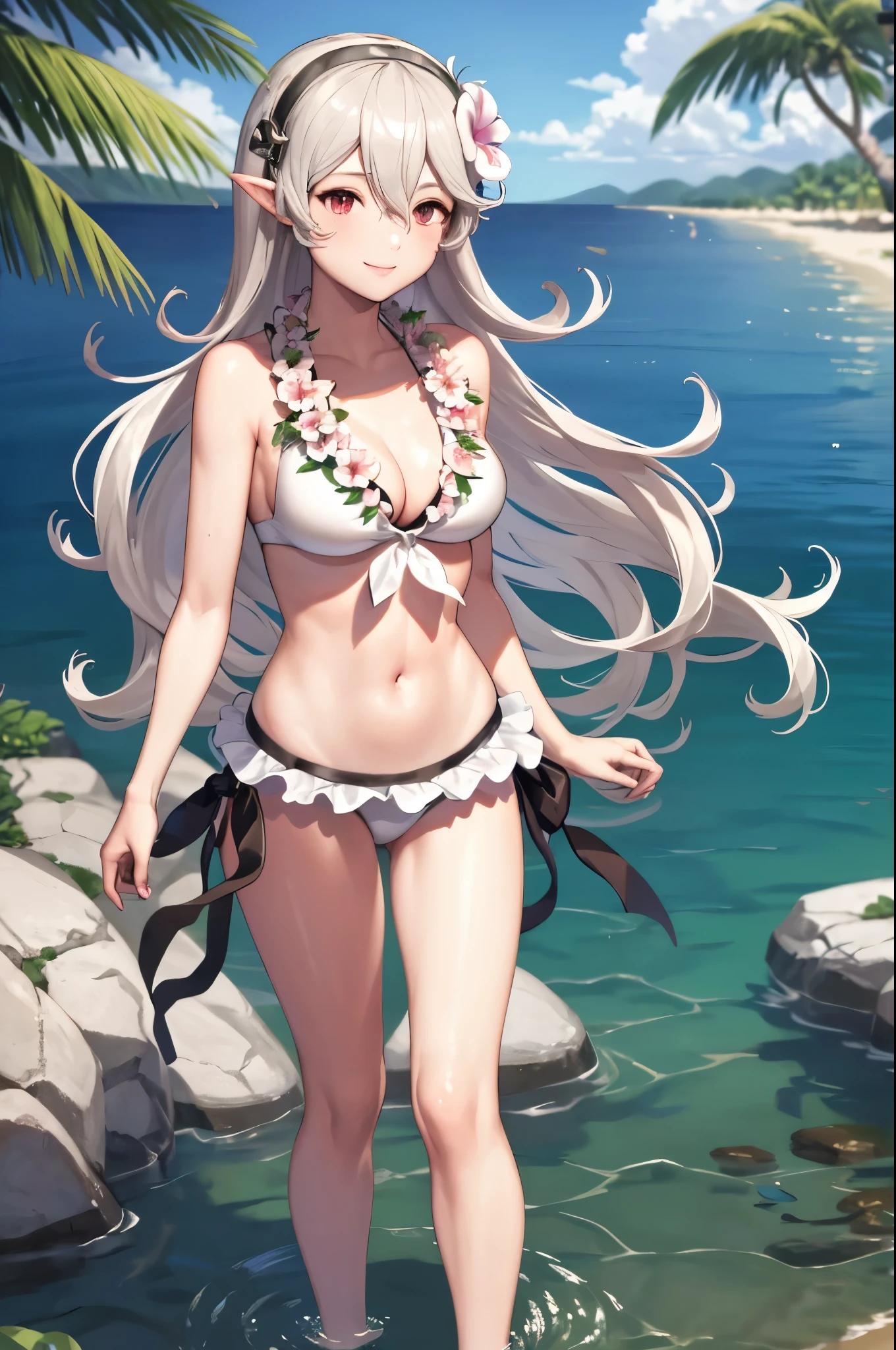 masterpiece, best quality, sumCorrin, front tie white bikini, frilly bikini bottoms, flower necklace, lei, looking at viewer, smile, standing, standing in water, black ribbon,