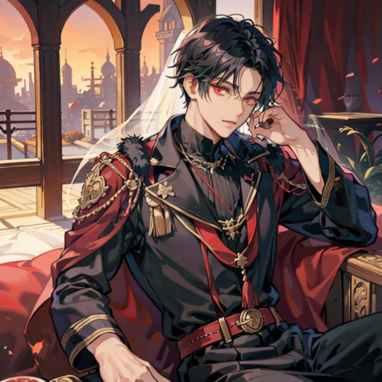 Dark-skinned anime man with short black hair sitting on a chair,red eyes, Middle Eastern Arabian costume with a veil, beautiful black haired person,cool look, 背が高い red eyes,upper body up