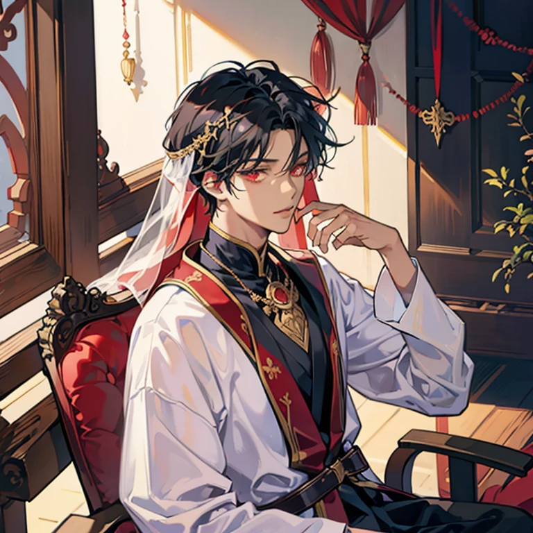 Dark-skinned anime man with short black hair sitting on a chair,red eyes, Middle Eastern Arabian costume with a veil, beautiful black haired person,cool look, 背が高い red eyes,upper body up