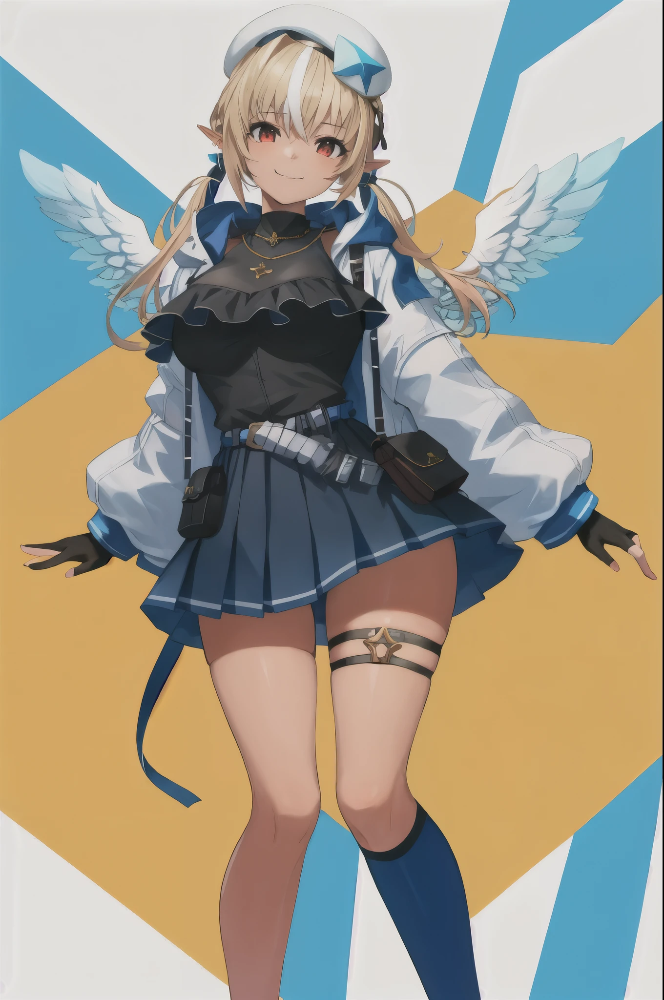 masterpiece ,best quality,ultra-detailed,dark elf,big breasts,tanned skin,yellow hair,red eyes,Beretkanatan, 1 girl, alone, Partially fingerless black gloves, mini wings, angel wings, white jacket, white beret, single blue thigh high socks, white sneakers, single socks, thigh strap, long hair, asymmetrical legwear, single black knee highs, long sleeve, closed mouth, twin tails, open jacket, Are standing, star necklace, necklace, (white background:1.5), pleated skirt, uneven legwear, puffy long sleeve, smile, black dress, blue skirt, hooded jacket, blue belt, frills, thigh pouch