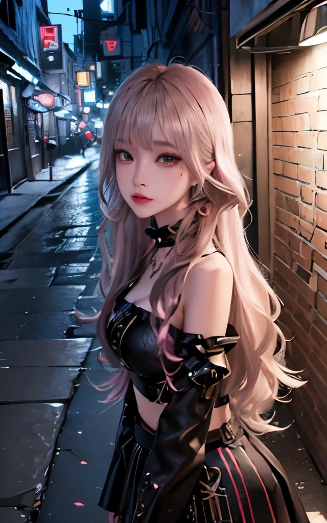 (Highly detailed CG Unity 8K wallpaper),(masterpiece), (highest quality), (super detailed), (best illustrations),(best shadow), (sharp eyeliner, eye shadow, fine eyes:1.1),, ,break, A girl from home、Alley、Landmine girl、都会のAlley、City of night、