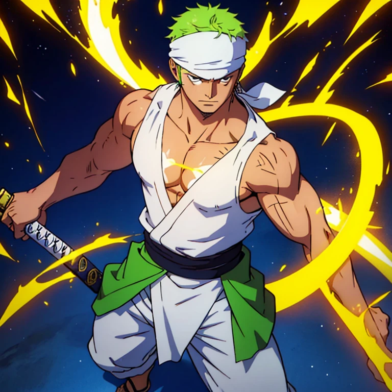 (Masterpiece, 4k, 8K, Best Quality: 1.2), Zoro from One Piece, Egyptian God transformation, Standing in a powerful pose, Sleeveless blue shirt opened to reveal toned abs and scar, White bandana worn around his neck, Wiked expression on his face, Sword clenched tightly in one hand, Stance legs hip-width apart, A golden aura surrounding his body, Egyptian gods' symbols etched on his skin, Godly power radiating from within.