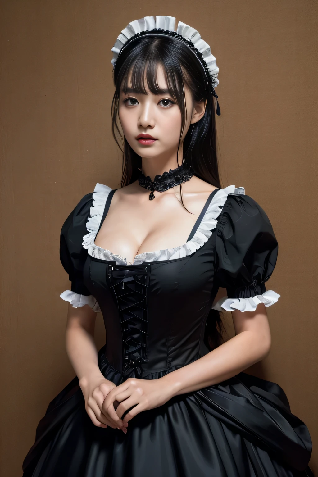 (highest quality,8k,masterpiece),
dressed in gothic fashion,
big breasts, alone, maid headdress, black hair, large chest,
looking at the viewer,
long hair, bangs,
maid, dress,black dress, frills, short sleeve