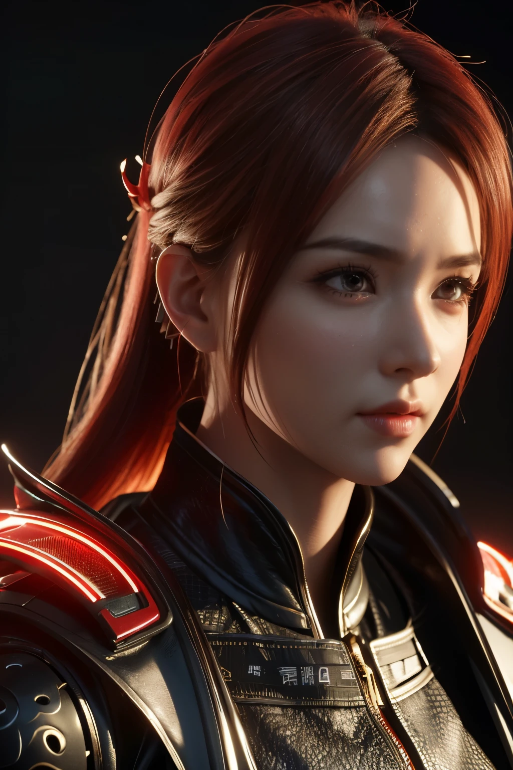 Game art,The best picture quality,Highest resolution,8K,((A bust photograph)),((Portrait)),((Head close-up)),(Rule of thirds),Unreal Engine 5 rendering works, (The Girl of the Future),(Female Warrior), 22岁少女,(Female hackers),(Rainbow hair,Ancient Oriental hairstyle),((The pupils of the red eyes:1.3)),(A beautiful eye full of detail),(Big breasts),(Eye shadow),优雅迷人,冷漠,((Anger)),(Cyberpunk jacket full of futuristic look,Joint Armor,There are exquisite Chinese patterns on the clothes,A flash of jewellery),赛博朋克人物,未来风格, 拍照姿势,城市背景,Movie lights,Ray tracing,Game CG,((3D Unreal Engine)),oc渲染反射纹