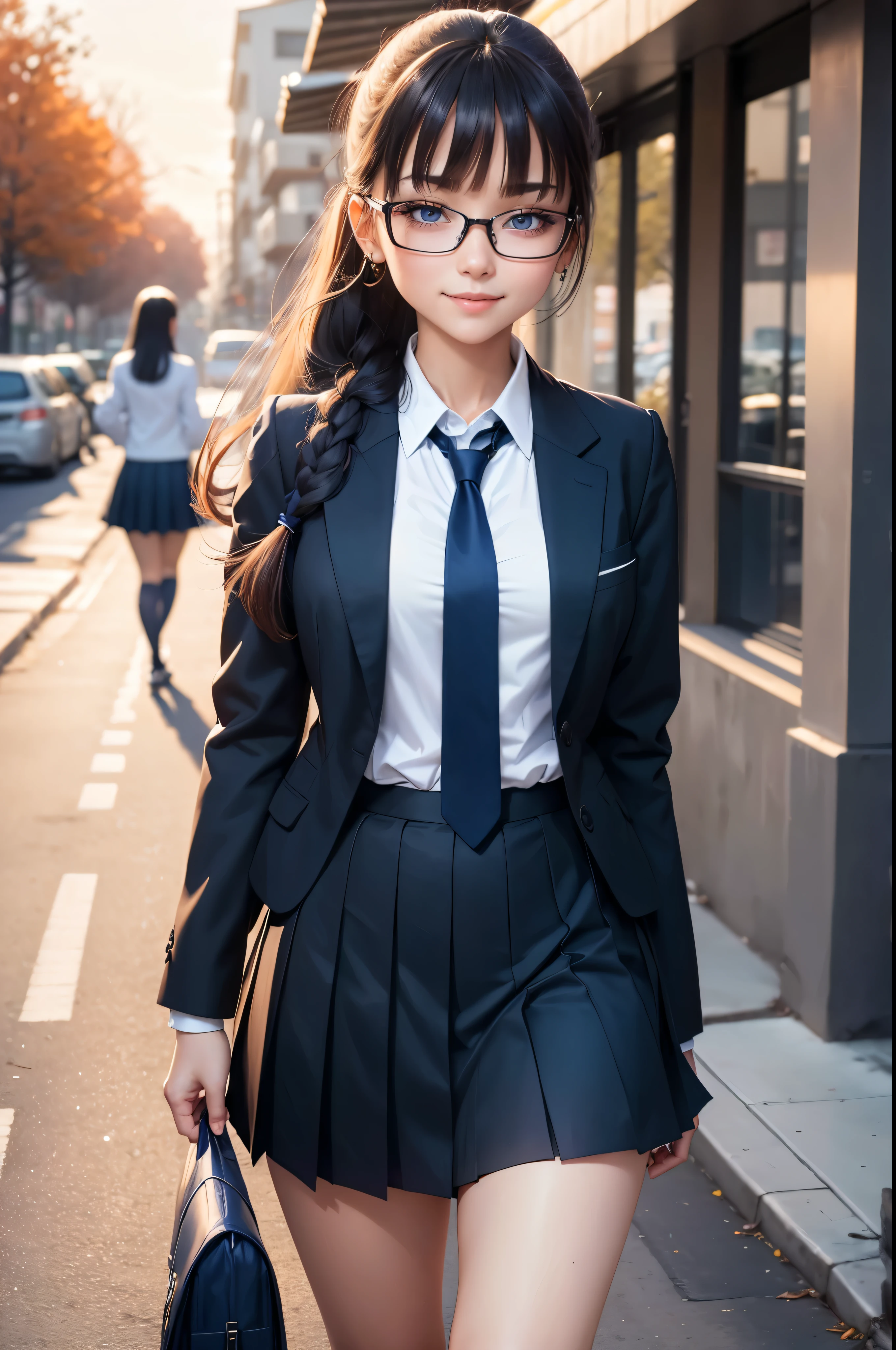 1 beautiful girl, walk to school, dawn, long hair in a ponytail,, bangs, Wear glasses, Naughty smile, Wear a high school uniform. (Long-sleeved white shirt, navy blue tie, navy three-pleated skirt), anime, ultra highres