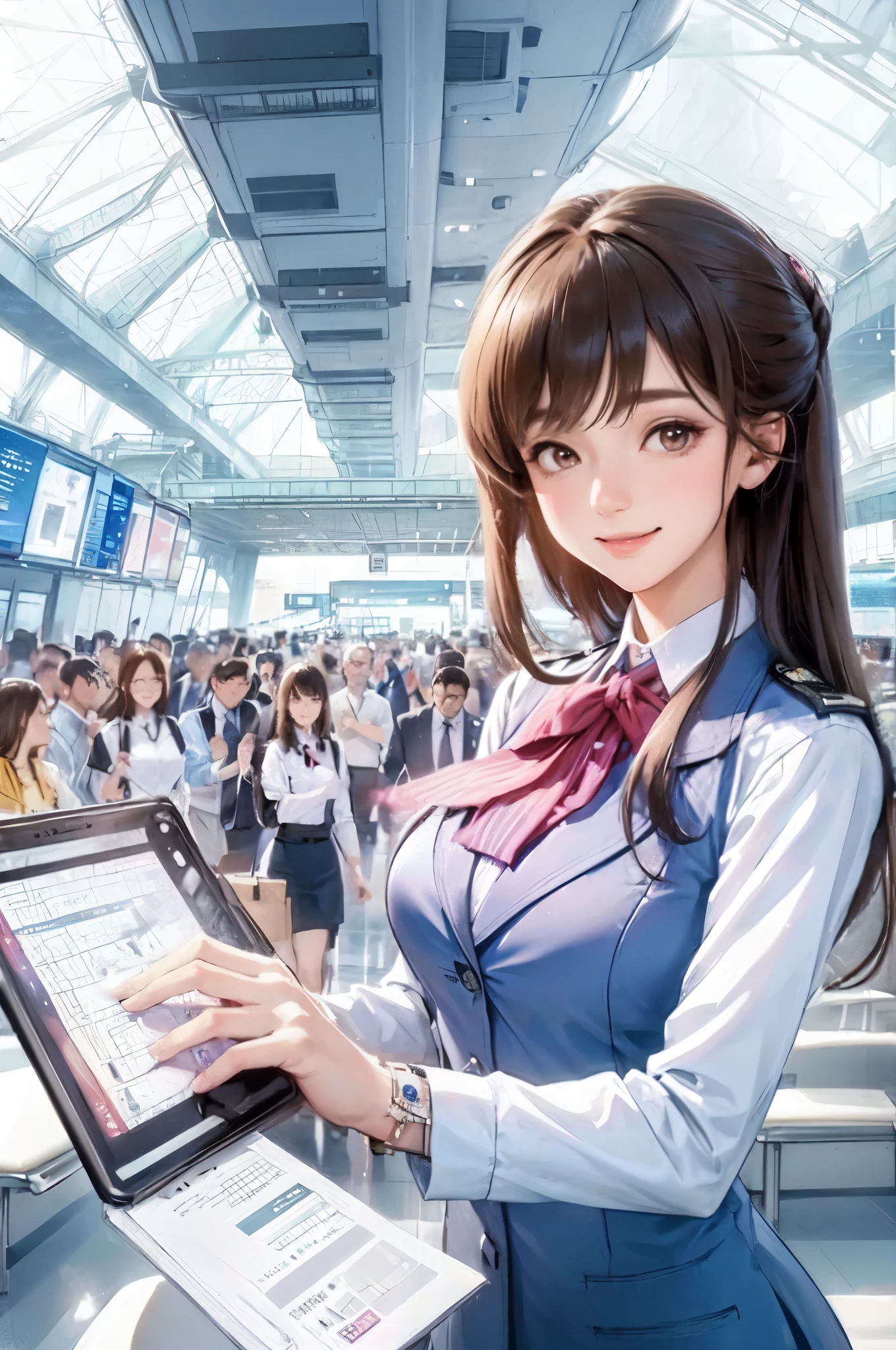 1lady solo, stewardess, (stewardess uniform), mature female, /(brown hair/) bangs, happy smile,  (masterpiece best quality:1.2) ultra-detailed, large breasts BREAK /(airport reception/) indoors