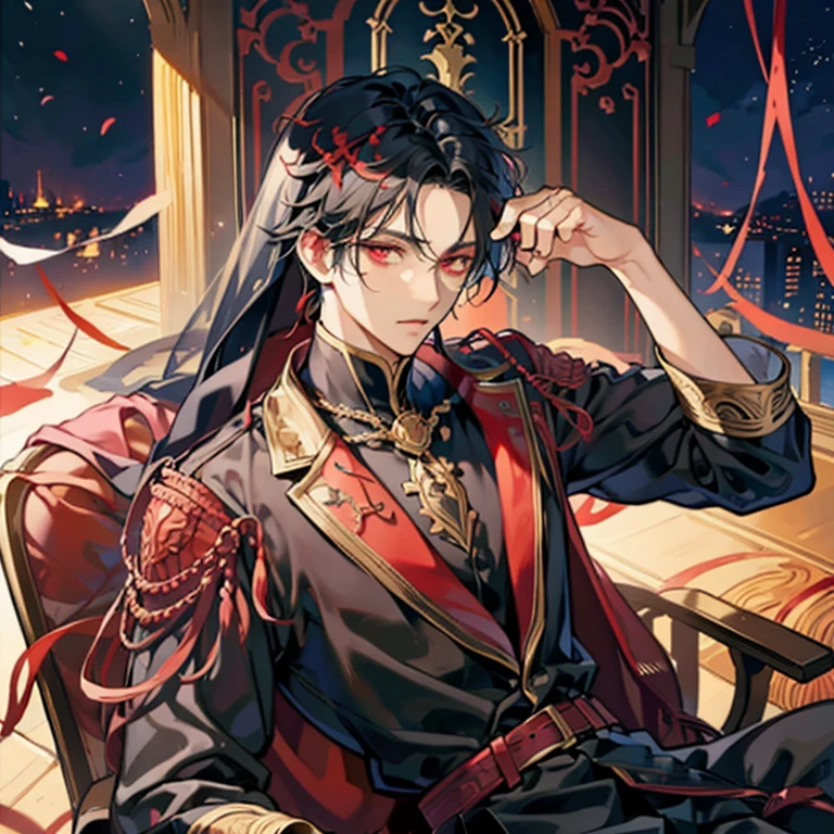 Dark-skinned anime man with short black hair sitting on a chair,red eyes, Middle Eastern Arabian costume with a veil, beautiful black haired person,cool look, 背が高い red eyes,upper body up