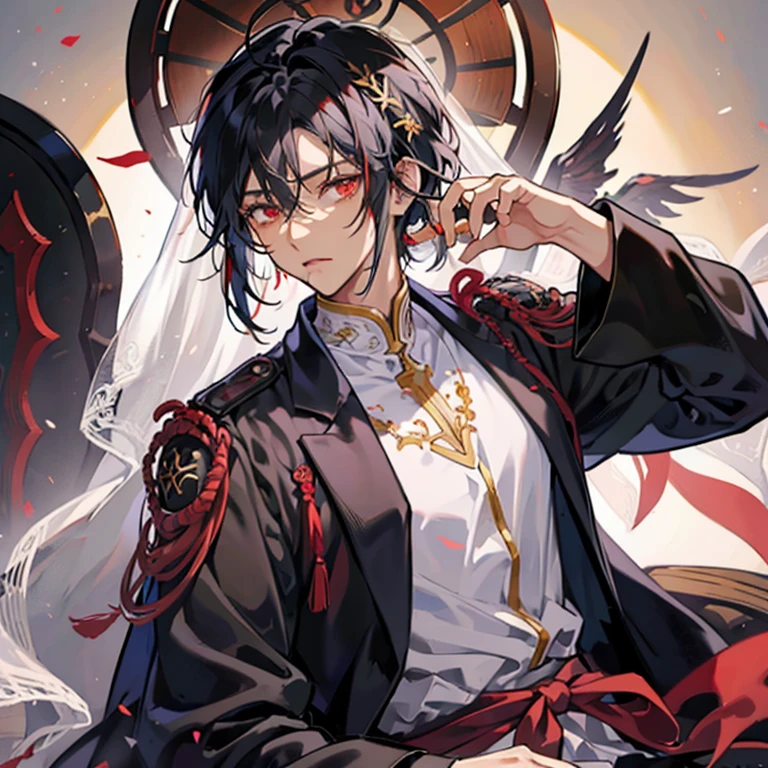 Dark-skinned anime man with short black hair sitting on a chair,red eyes, Middle Eastern Arabian costume with a veil, beautiful black haired person,cool look, 背が高い red eyes,upper body up