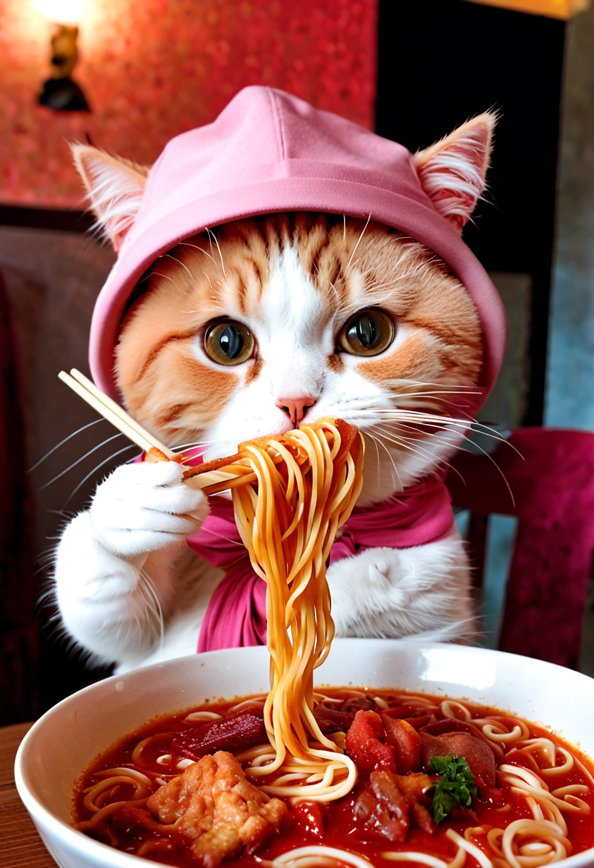 there is a cat that is eating noodles with chopsticks, a picture by Bernie D’Andrea, tumblr, photorealism, eating noodles, eating ramen, eating spaghetti, kawaii cat, eats pasta all the time, smol fluffy cat wearing smol hat, ramen, slurping spaghetti, cat eating, ❤🔥🍄🌪, eating spaghetti from a bowl，pink hue