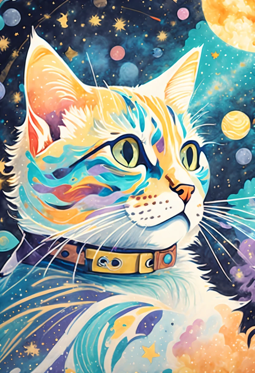 softly colored profile, nihilism, dandyism, hard-boiled, hard-boiled mystery cat, outer space, crayon illustration that exudes warm atmosphere, marble colors smoke drifts around, highly quality, intricate cute details, showcases brushwork pays meticulous attention to capturing warm atmosphere, final touch added with pop of fantasy glitter, unique and diverse rendering,