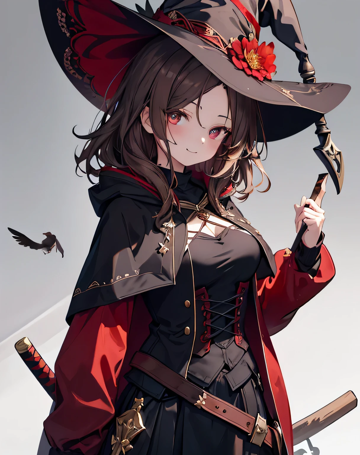 masterpiece,1girl, sparrow, a brown haired girl, wearing a witch clothes, wavy medium hair, messy hair, black skirt, red capelet with hoody, slim body, she have a sword, medium breasts, she close her left eye, shirt ornament, lolippai, witch hat, seductive smile, beautiful breasts, rounded breasts, crimson eyes,