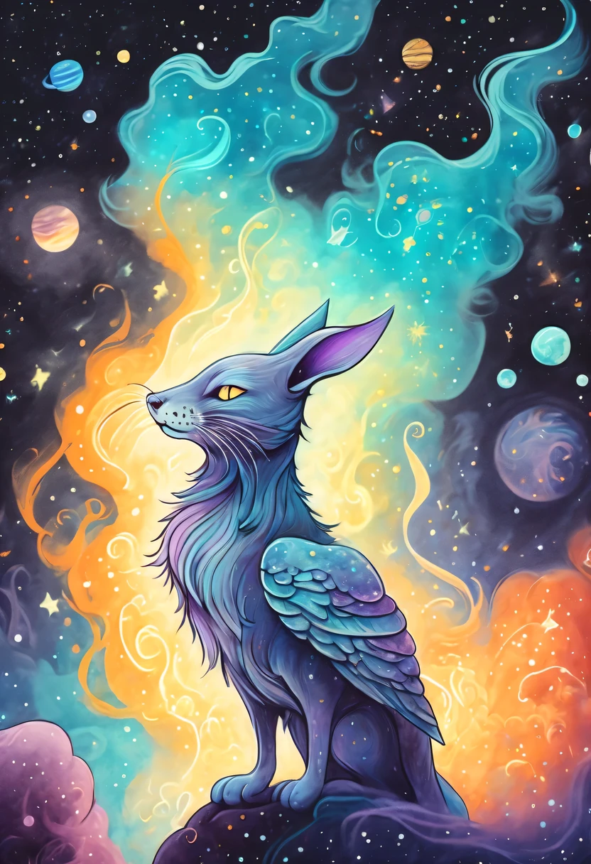softly colored profile, nihilism, dandyism, hard-boiled, hard-boiled mystery creature, outer space, crayon illustration that exudes warm atmosphere, marble colors smoke drifts around, highly quality, intricate cute details, showcases brushwork pays meticulous attention to capturing warm atmosphere, final touch added with pop of fantasy glitter, unique and diverse rendering,