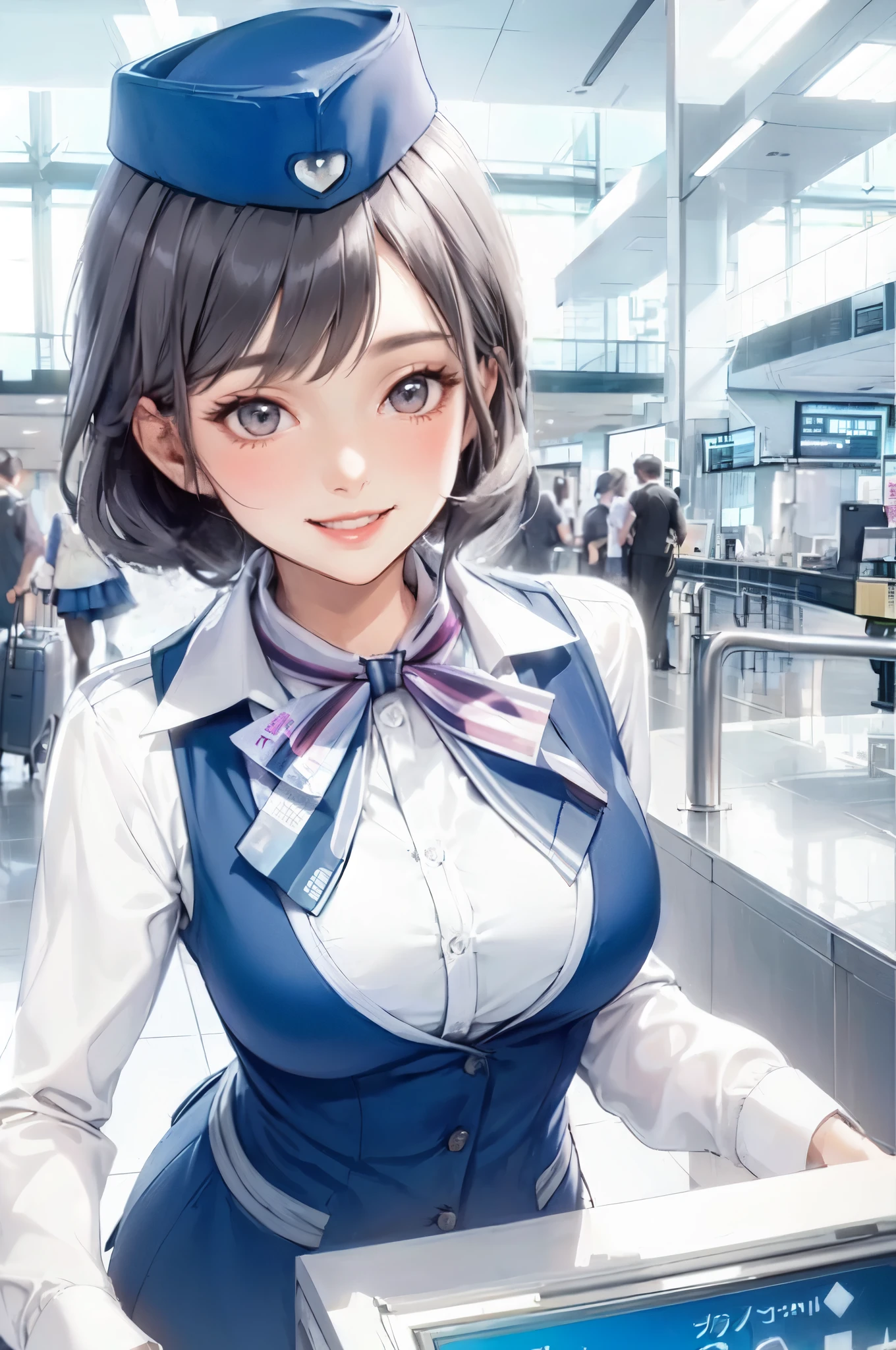 1lady solo, stewardess, (stewardess uniform) (garrison cap), mature female, /(dark grey hair/) bangs, blush happy smile, (masterpiece best quality:1.2) ultra-detailed, large breasts BREAK /(airport reception/) indoors