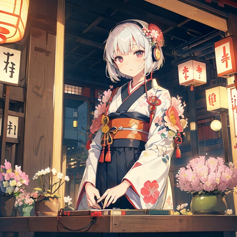 (((Traditional Japanese fresh flowers))) (((computer))),cinematic light, ((making fresh flowers))((1 mechanical girl)),alone, ,whole body,kimono、(mechanical joint:1.4),Expressionless,(headphones),short hair,character focus,SF、flower hair ornament、