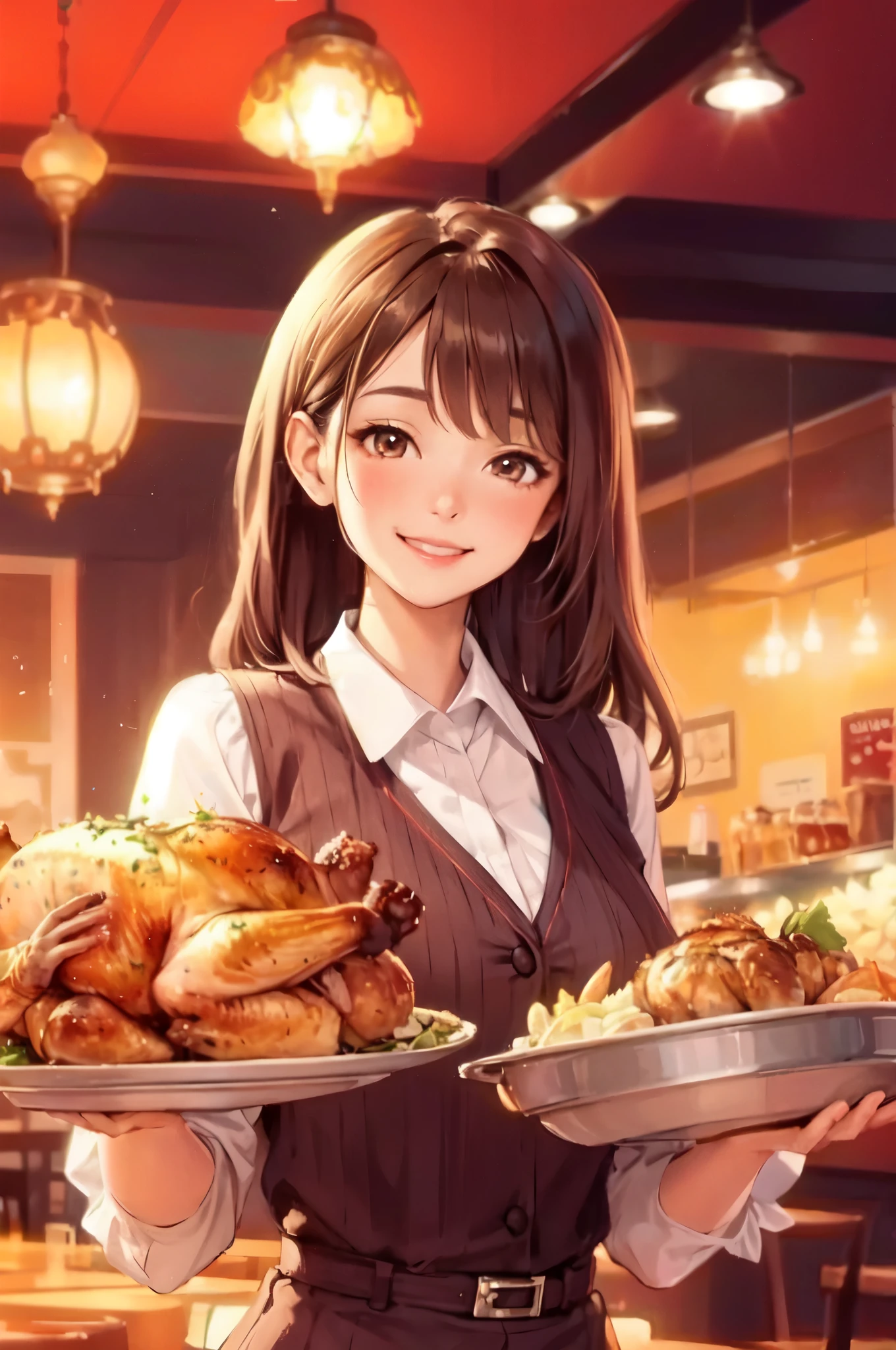 1lady solo standing, holding tray with a roasted turkey, /(clerk uniform/), mature female, /(brown hair/) bangs, blush happy smile, (masterpiece best quality:1.2) delicate illustration ultra-detailed, large breasts BREAK /(casual restaurant/), detailed background