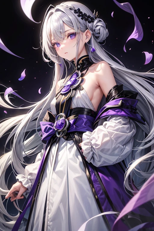 A hairstyle where all the hair is swept back、odd eye、silver hair all back、male、hair is long to the shoulders、odd eye、maleの左目赤色、male右目青、Purple coat、increase wide angle、clear eyes、
