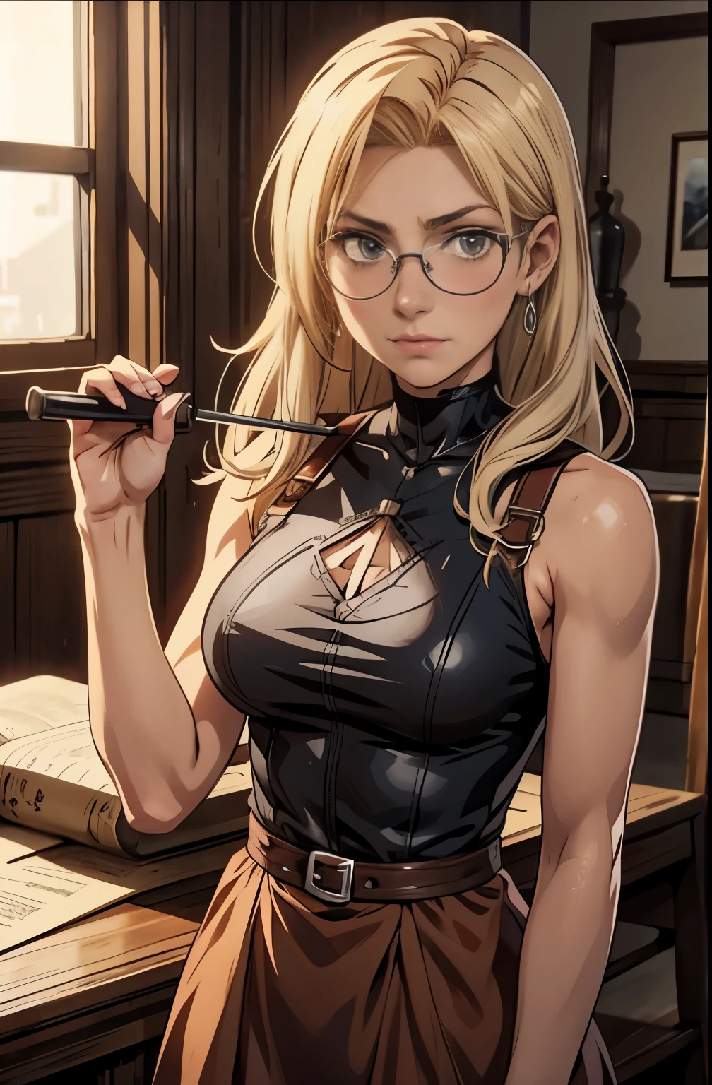 anime image of a woman in a brown dress and glasses, looking like annie leonhart, screenshot from a 2012s anime, female anime character, anya from spy x family, from attack on titan, oppai, tifa lockhart with white hair, fujita goro!, as an anime character, annie leonhart, anime visual of a young woman