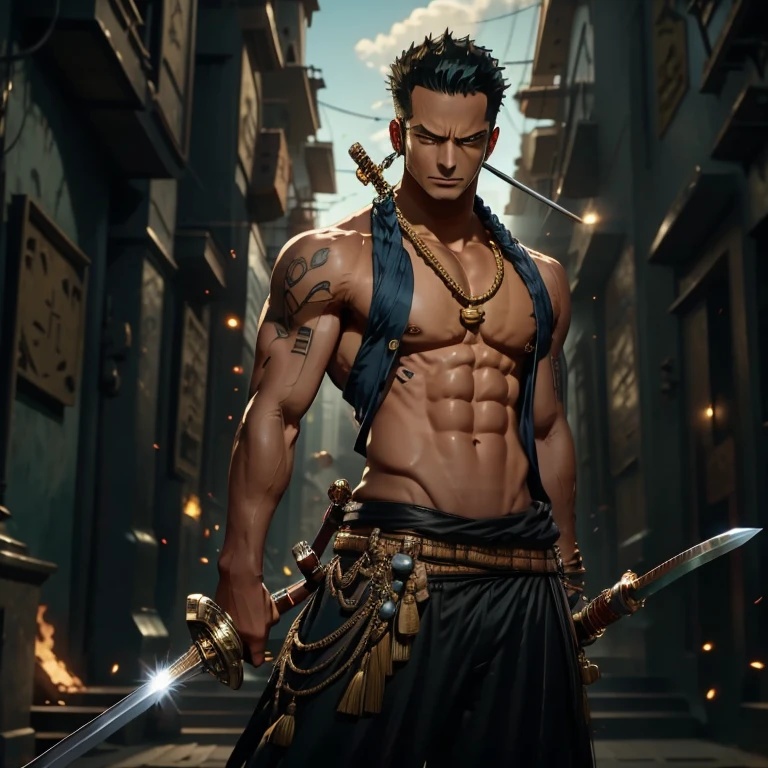 (Masterpiece, 4k, 8K, Best Quality: 1.2), Zoro from One Piece, Egyptian God transformation, Standing in a powerful pose, Sleeveless blue shirt opened to reveal toned abs and scar, White bandana worn around his neck, Wiked expression on his face, Sword clenched tightly in one hand, Stance legs hip-width apart, A golden aura surrounding his body, Egyptian gods' symbols etched on his skin, Godly power radiating from within.