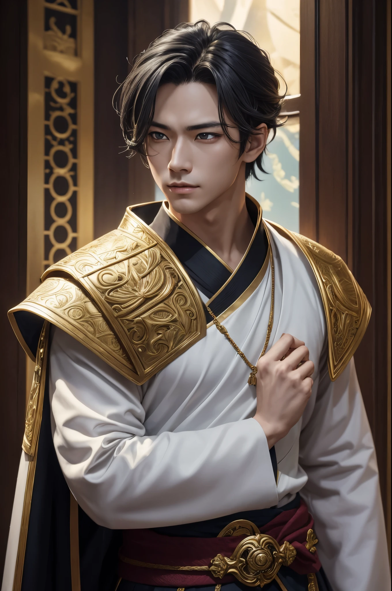 8K,剣を持ったコスチュームを着たgodのクローズアップ、Gray-haired short-haired,god々bright golden eyes,美しい両性具有の創造god、super handsome(like the real thing),realistic skin,原godインパクトの刻晴、繊細な両性具有のgod、luxurious white costume(精密な創造godの紋章の細工),luxury white pants,Golden decoration,原godインパクトの鍾離、Demon Slayer: Kimetsu no Yaiba art handsome man、kashmir art、2。5 D CGIアニメfantasy artワーク、male portrait,fantasy art,character art,rich colors, Backlight, cinematic lighting, film grain, born, 50mm lens, Nikon D850,ultra high resolution,Super realistic,