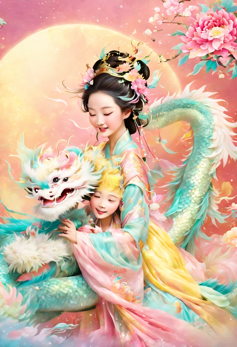 joyful and festive scene featuring a cute and lively 5-year-old ancient Chinese princess embracing a fluffy-textured, mythical Chinese baby dragon. Both are sleeping peacefully. The background is enhanced with festive decorations, such as lanterns, colorful banners, and traditional Chinese motifs, symbolizing celebration and happiness. This scene, rich in ancient Chinese cultural elements, captures a sense of joy and festivity, making the moment between the princess and the dragon even more endearing and magical, (花卉水彩画:1.5), (Ultra high saturation, bright and vivid colors: 1.5), (nsfw), (Facing the viewer: 1.5)，(pastel tone painting: 1.8)