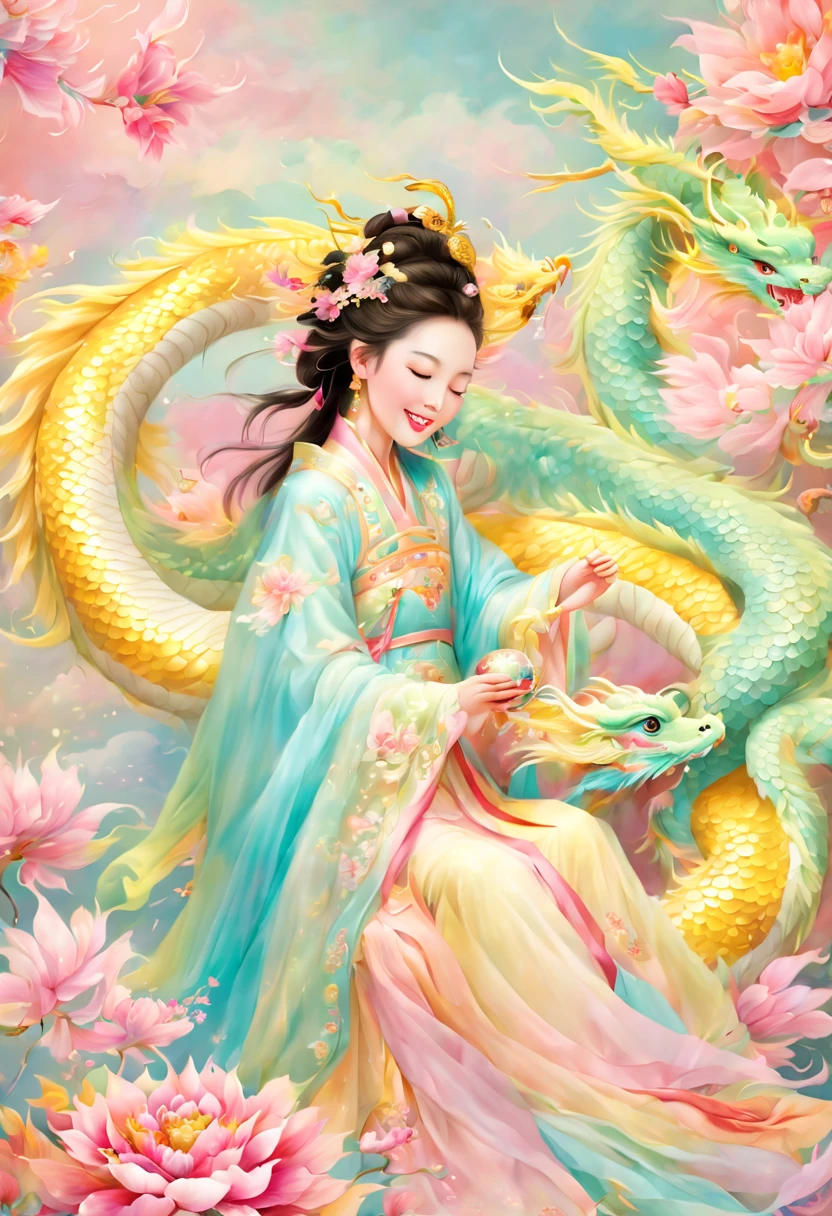 joyful and festive scene featuring a cute and lively 5-year-old ancient Chinese princess embracing a fluffy-textured, mythical Chinese baby dragon. Both are sleeping peacefully. The background is enhanced with festive decorations, such as lanterns, colorful banners, and traditional Chinese motifs, symbolizing celebration and happiness. This scene, rich in ancient Chinese cultural elements, captures a sense of joy and festivity, making the moment between the princess and the dragon even more endearing and magical, (花卉水彩画:1.5), (Ultra high saturation, bright and vivid colors: 1.5), (nsfw), (Facing the viewer: 1.5)，(pastel tone painting: 1.8)