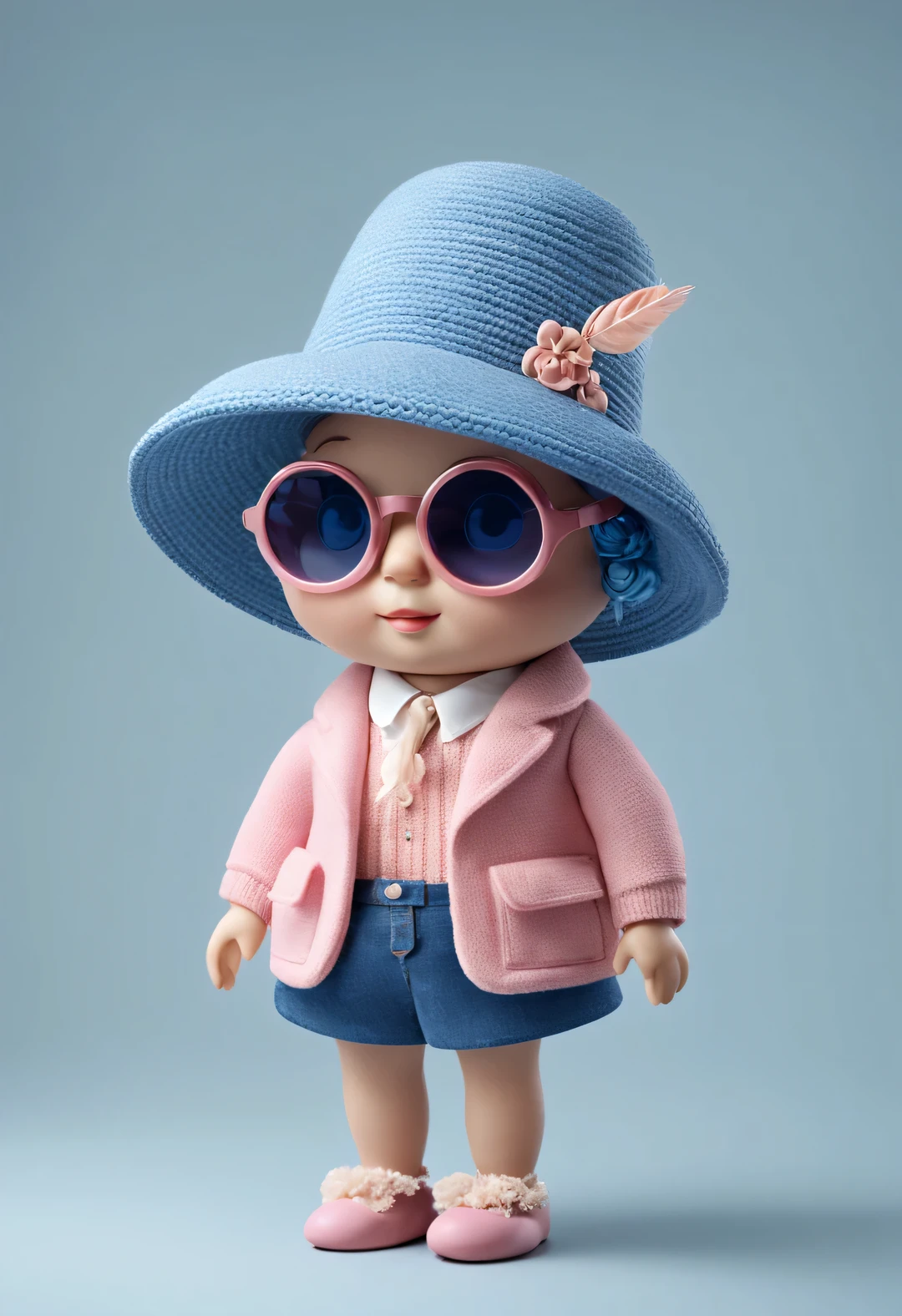 3D style doll design, (a very fat, fashionable, and cute little ant),
Wearing a pink turtleneck sweater and blue jacket, winter scarf, jeans, gloves, bow tie, small round hat (decorated with flowers or feathers), tie, sunglasses, (female) handbag, cotton, linen, wool
The harmonious combination of classic and modern, the elegant combination of dark blue and brown highlights the retro style
Charm while maintaining a sense of fashion,
Excited and happy smile, wearing a sun hat, bouncing and dancing, smiling, shining with white fluffiness, bright big eyes, fluffy tail, exquisite and delicate, fairy tale, super details, Pixar style, bright colors, natural light, solid color simple background, 5 and ctane rendering, gorgeous, ultra wide angle, 8k, high-definition and realistic,