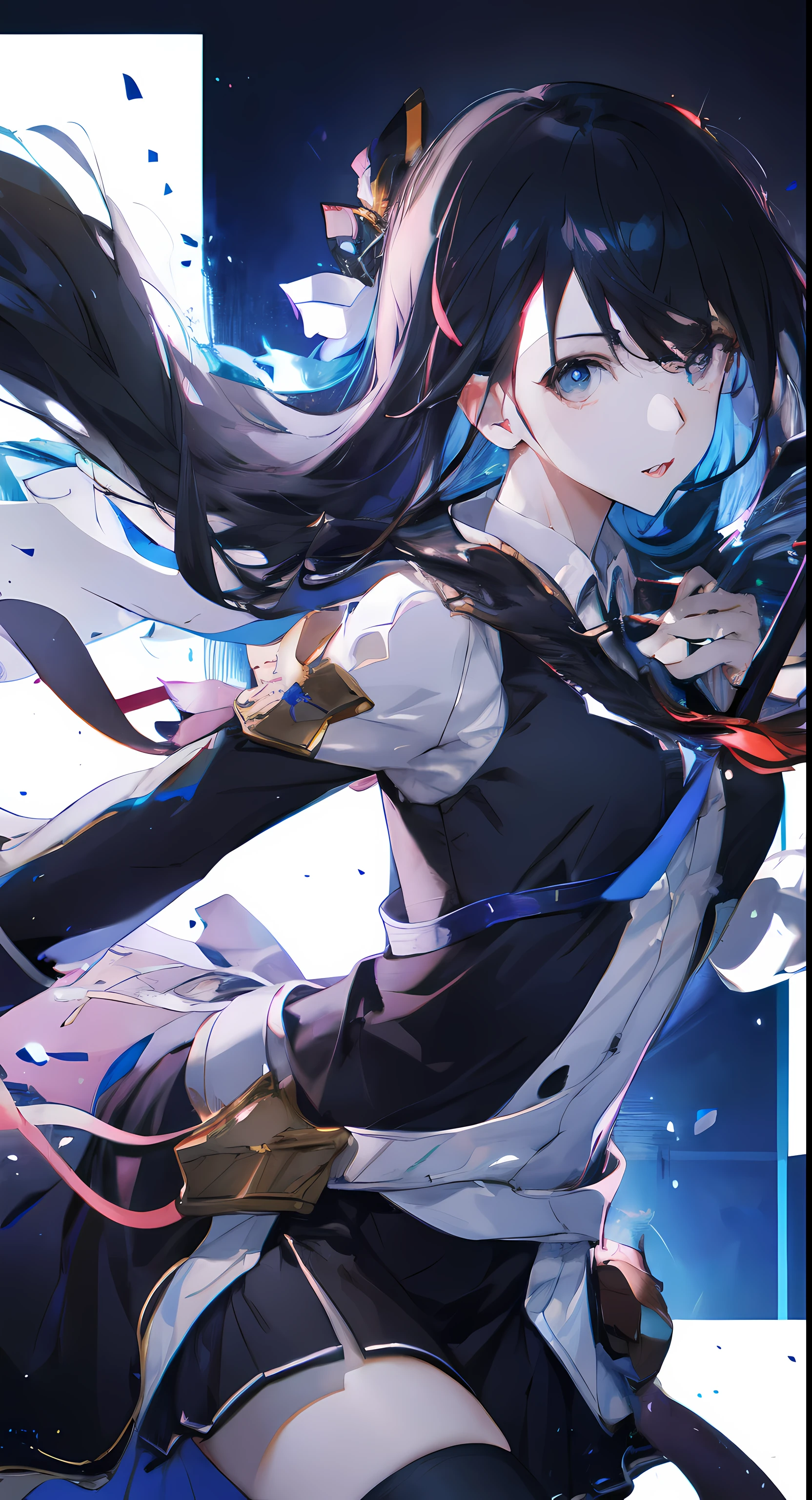 close up, very long hair, , professional artwork, intricate details, imagine,landmine短裙服装,sharp focus, detailed picture, Realistic lighting, Popular topics on pixiv, Standingatattention, ((landmine)), beautiful body,beautiful nose,Beautiful character design, perfect eyes, Perfect Face, view viewer, SFV,official art,Extremely detailed CG unified 8k wallpaper, perfect lighting,colorful, bright_Street_Face_Lighting project:1.0),(the best_quality:1.0), 超high resolution,4K,super detailed, photography, 8k, high dynamic range, high resolution, Huang Li:1.2, Cordas Portela 400, film grain, background blur, Bokeh:1.2, lens flare glow, (a vibrant one_color:1.2), (Its appearance), ((view viewer, dancing pose))Female Kirito,black stockings,((black hair))