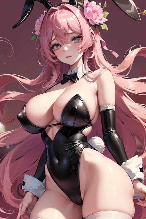 (High resolution), (32K), (very very highly detailed), (Best illustration), (beautiful and delicate eyes), (best quality), (super detailed), (master piece), (Detailed and delicate face), solo,Highly detailed face and skin texture,fine eyes,spread your legs、very shy、blush、spread legs,high details,(dynamic pose),1 female, long hair , long legs、 (camel toe),(((big boobs)))、Exposing genitals without wearing pants,The protruding PUssy ,cocked ass,I grew up sexy、(((black bunny girl)))、best style、pink nipples、Transparent pink nipples、(Floral ornament on the head)、Beautiful woman、pink sky、pink clouds、pink flowers、 pink hot spring、pink water all over、pink light、pink sky間