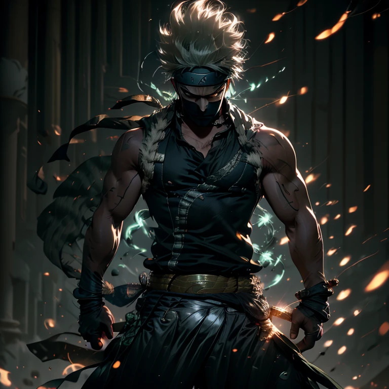 (Masterpiece, 4k, 8K, Best Quality: 1.2), Zoro from One Piece, Egyptian God transformation, Standing in a powerful pose, Sleeveless blue shirt opened to reveal toned abs and scar, White bandana worn around his neck, Wiked expression on his face, Sword clenched tightly in one hand, Stance legs hip-width apart, A golden aura surrounding his body, Egyptian gods' symbols etched on his skin, Godly power radiating from within.