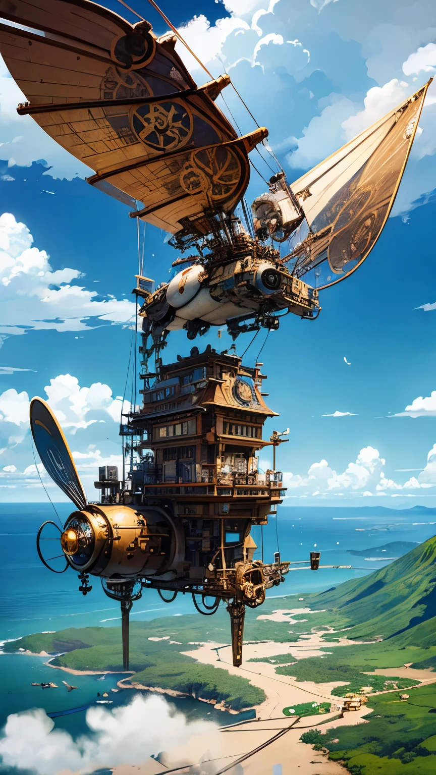 steampunkai。masterpiece。highest quality。excessive details。blue sky and white clouds。(aerial view)。An island floating in the sea below々。aerial perspective。(one girl)。(Japan girl in steampunk style)。(Take to the skies on a classic-style bicycle)。