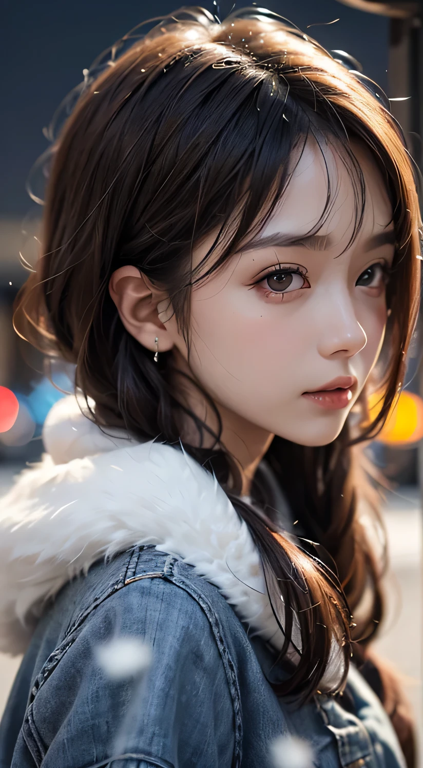 Beautiful woman、Kawaii Woman、Around 20 years old、detailed face、fine eyes、fine skin、thin hair、super realistic picture quality、super high quality、8K、hokkaido、、Sapporo Odori Park、night snow festival、Profile looking at the snow sculpture with a dreamy face、Light-up lighting、