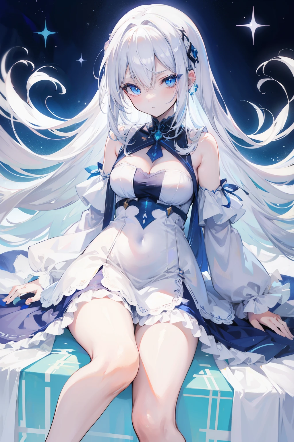 anime girl, Fair skin, with long white hair, beautiful blue eyes, wearing a dress, looking at the viewer, submissive look, barefoot, 8K, High resolution