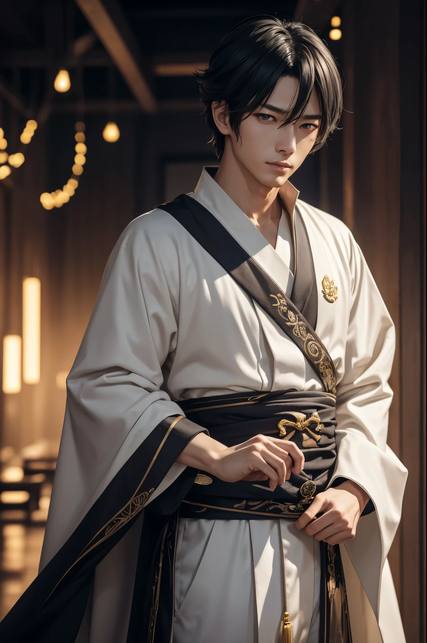 8K,剣を持ったコスチュームを着たgodのクローズアップ、Gray-haired short-haired,god々bright golden eyes,美しい両性具有の創造god、super handsome(like the real thing),realistic skin,原godインパクトの刻晴、繊細な両性具有のgod、luxurious white costume(精密な創造godの紋章の細工),luxury white pants,Golden decoration,原godインパクトの鍾離、Demon Slayer: Kimetsu no Yaiba art handsome man、kashmir art、2。5 D CGIアニメfantasy artワーク、male portrait,fantasy art,character art,rich colors, Backlight, cinematic lighting, film grain, born, 50mm lens, Nikon D850,ultra high resolution,Super realistic,god殿の中,