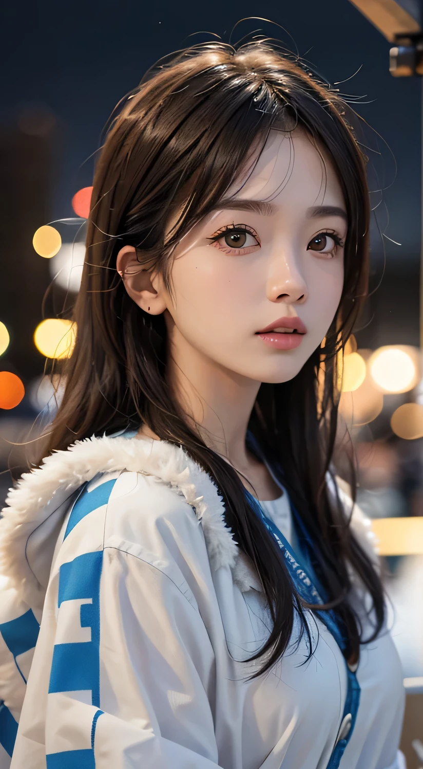 Beautiful woman、Kawaii Woman、Around 20 years old、detailed face、fine eyes、fine skin、thin hair、super realistic picture quality、super high quality、8K、hokkaido、、Sapporo Odori Park、night snow festival、Profile looking at the snow sculpture with a dreamy face、Light-up lighting、