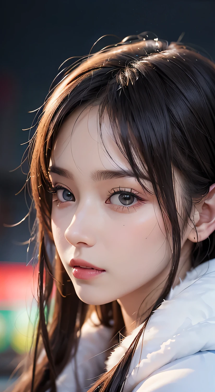 Beautiful woman、Kawaii Woman、Around 20 years old、detailed face、fine eyes、fine skin、thin hair、super realistic picture quality、super high quality、8K、hokkaido、、Sapporo Odori Park、night snow festival、Profile looking at the snow sculpture with a dreamy face、Light-up lighting、
