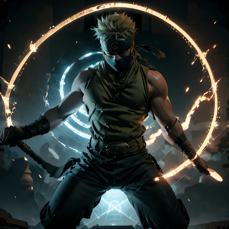 (Masterpiece, 4k, 8K, Best Quality: 1.2), Zoro from One Piece, Egyptian God transformation, Standing in a powerful pose, Sleeveless blue shirt opened to reveal toned abs and scar, White bandana worn around his neck, Wiked expression on his face, Sword clenched tightly in one hand, Stance legs hip-width apart, A golden aura surrounding his body, Egyptian gods' symbols etched on his skin, Godly power radiating from within.