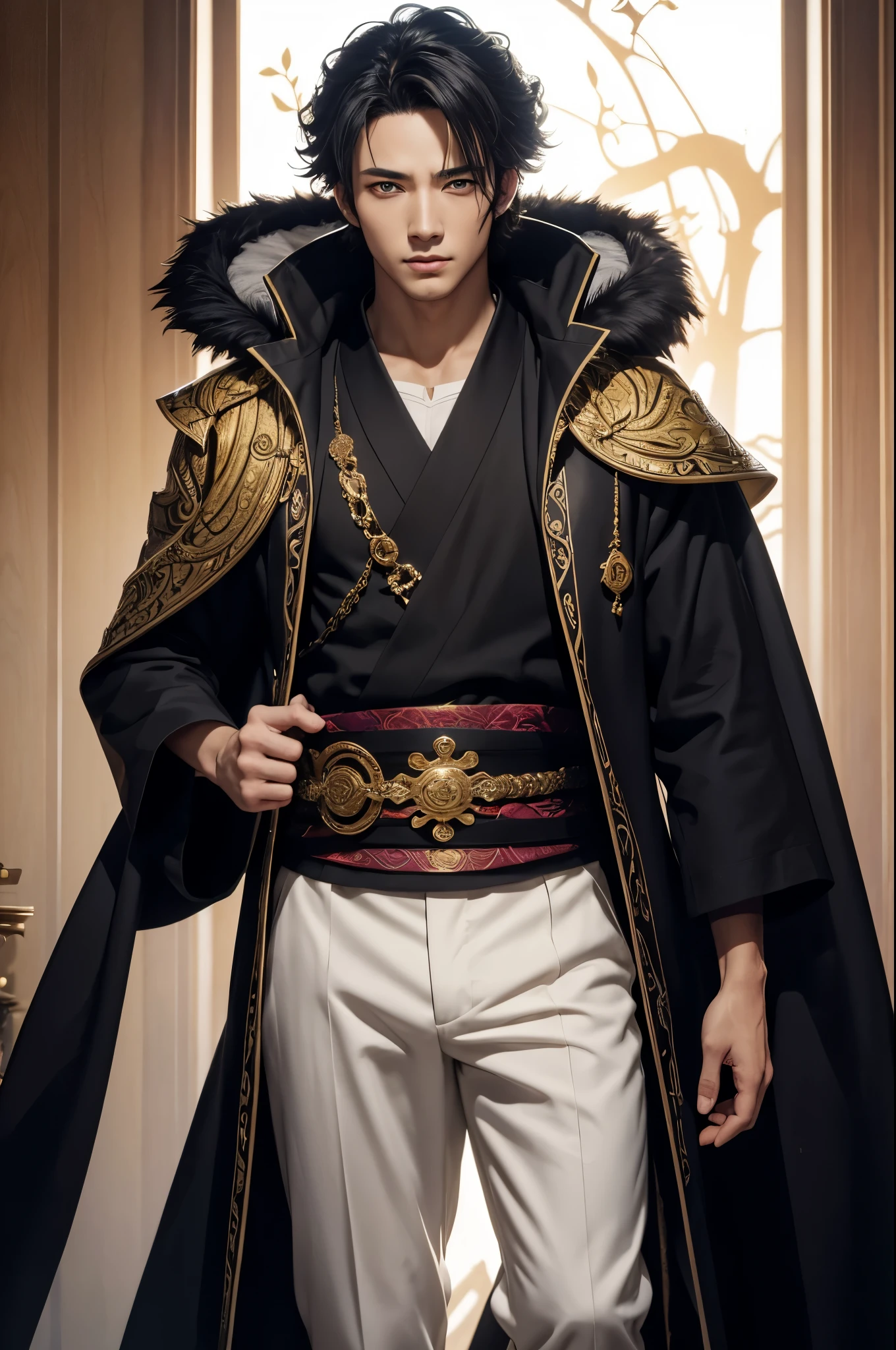 8K,剣を持ったコスチュームを着たgodのクローズアップ、Gray-haired short-haired,god々bright golden eyes,美しい両性具有の創造god、super handsome(like the real thing),realistic skin,原godインパクトの刻晴、繊細な両性具有のgod、luxurious white costume(精密な創造godの紋章の細工),luxury white pants,Golden decoration,原godインパクトの鍾離、Demon Slayer: Kimetsu no Yaiba art handsome man、kashmir art、2。5 D CGIアニメfantasy artワーク、male portrait,fantasy art,character art,rich colors, Backlight, cinematic lighting, film grain, born, 50mm lens, Nikon D850,ultra high resolution,Super realistic,god殿の中,