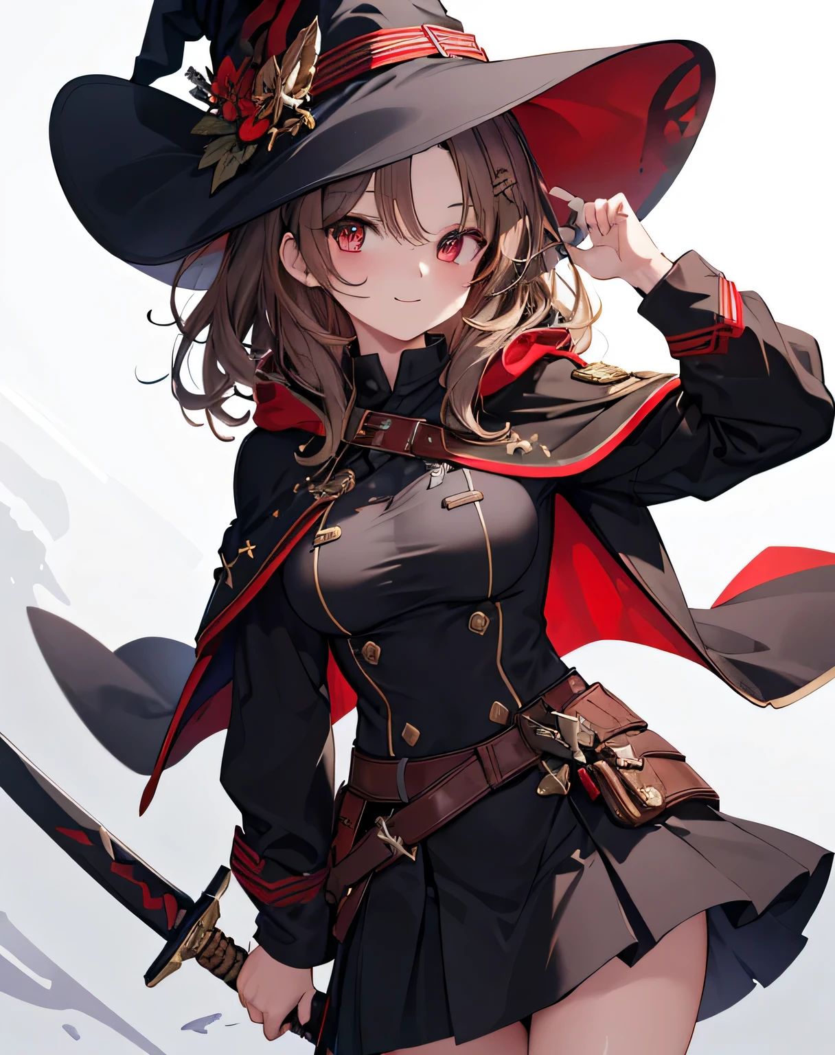 masterpiece,1girl, sparrow, a brown haired girl, wearing a military clothes, wavy medium hair, messy hair, black skirt, red capelet with hoody, slim body, she have a sword, medium breasts, she close her left eye, shirt ornament, ppai, witch hat, seductive smile, beautiful breasts, rounded breasts, crimson eyes,